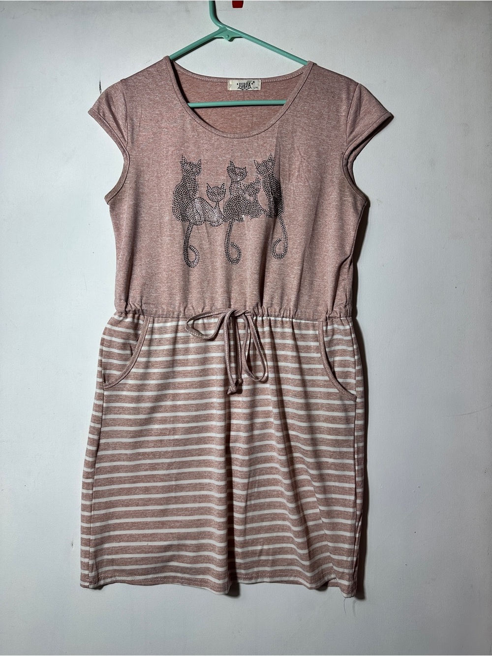 Vintage MCM style Casual Pink Stripe Cat Print Drawstring Dress